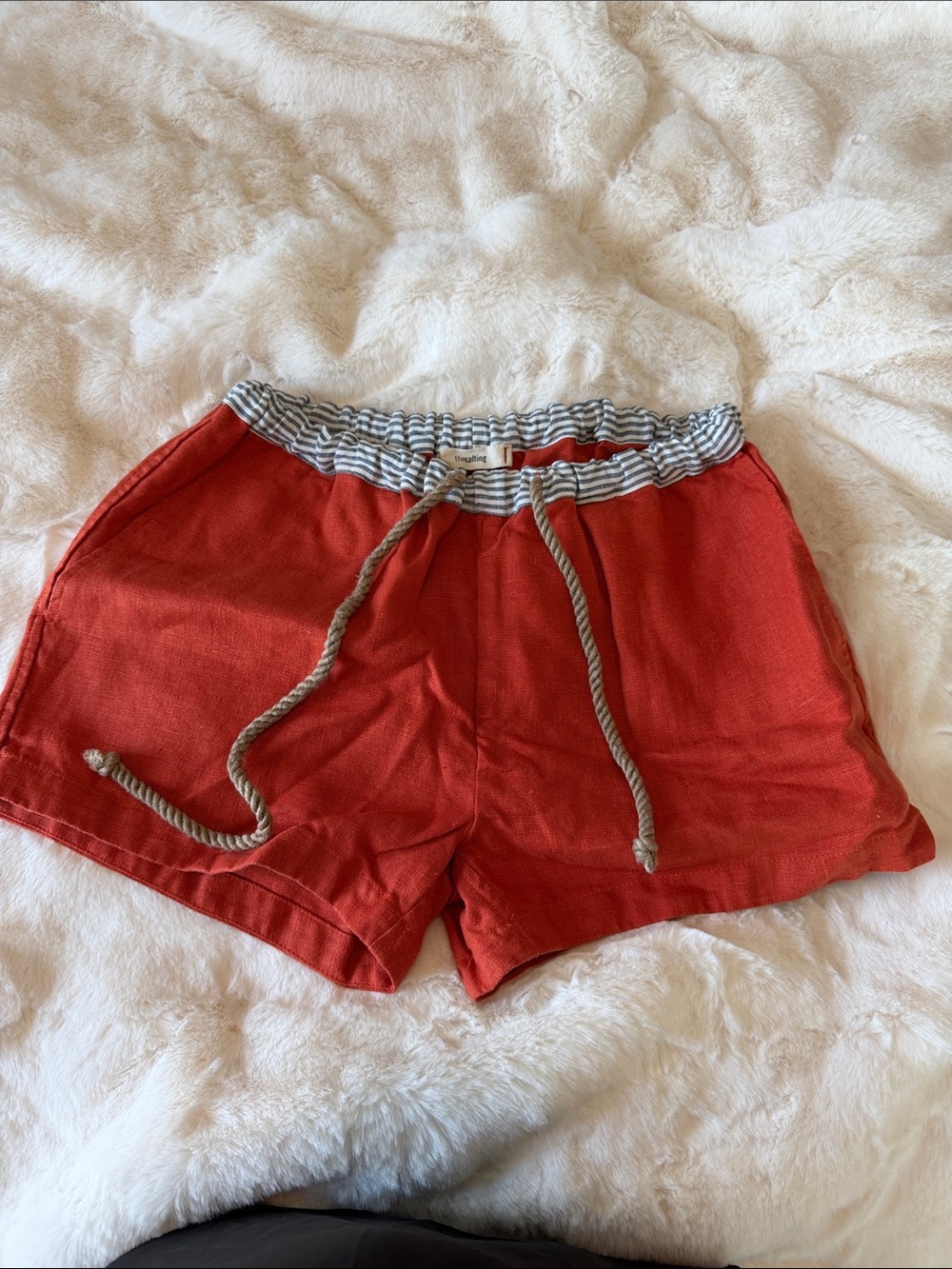 Men's linen burnt orange  Drawstring Shorts with Striped Elastic Waist